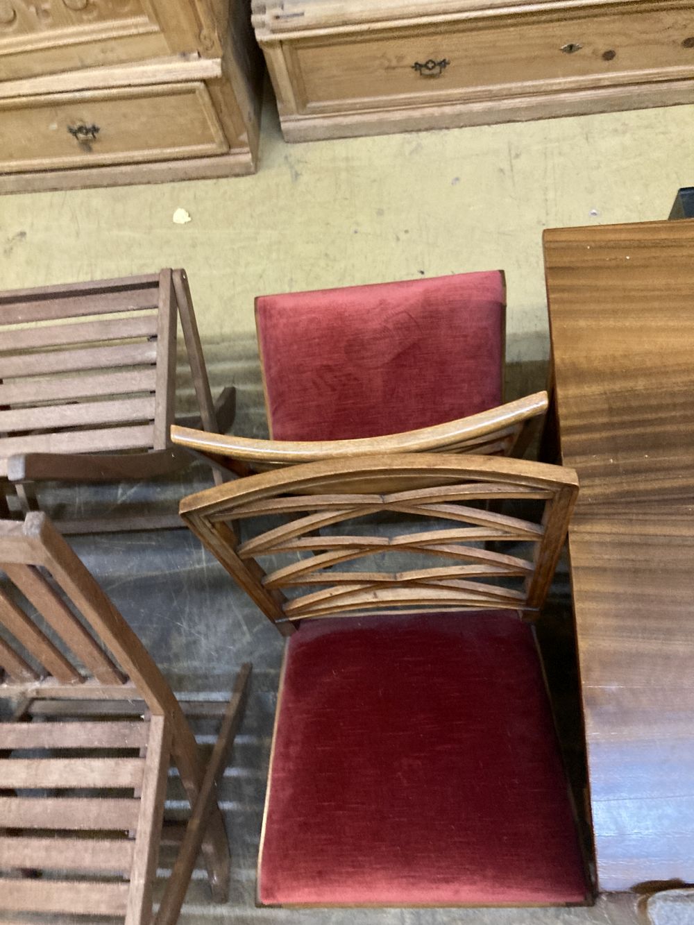 A Swedish dining table and four chairs, table 270cm extended (two spare leaves) width 80cm height 74cm